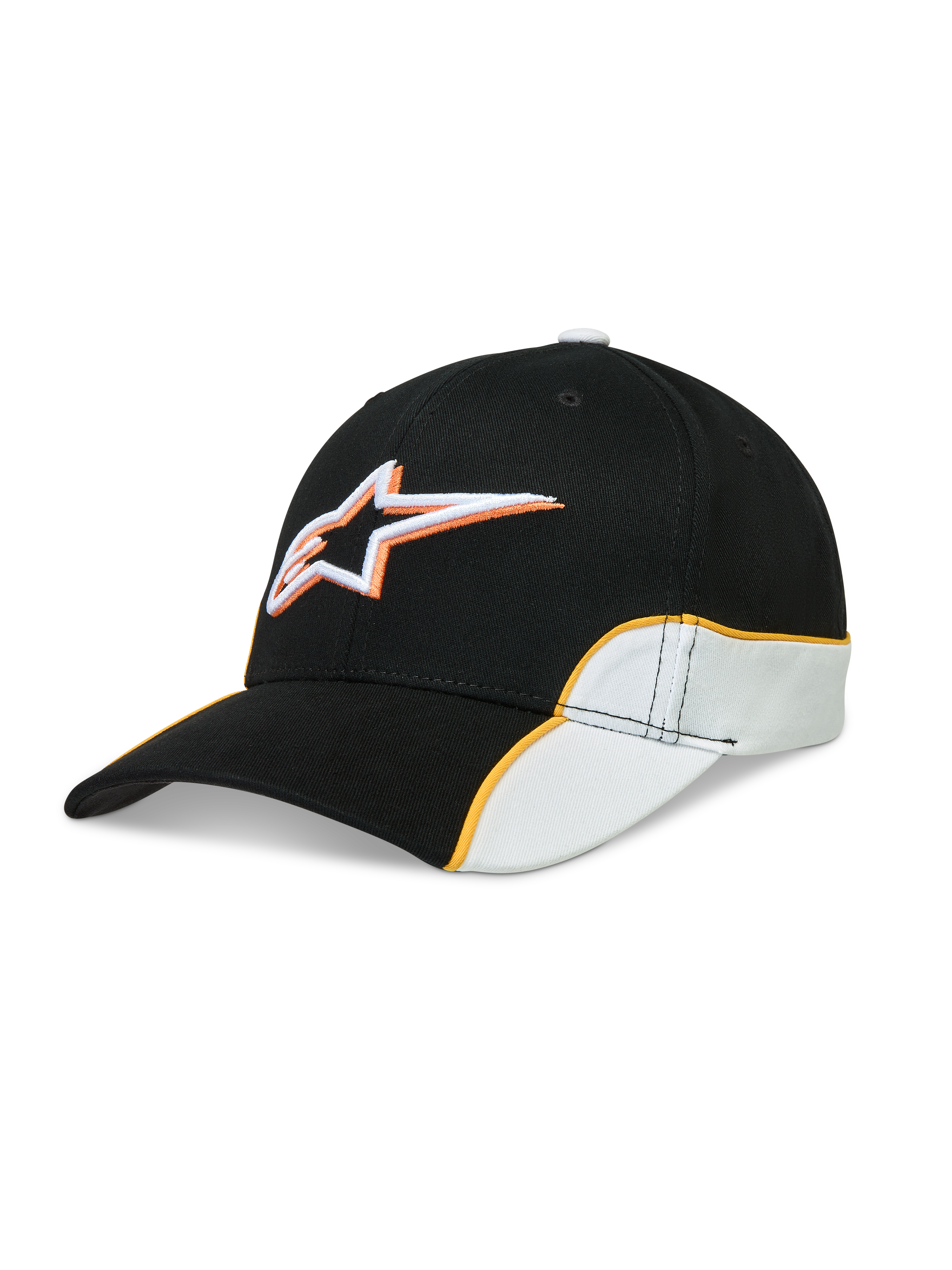 Alpinestars 500 Snapback kasket, afslappet sportswear-kasket til hverdagsbrug, unisex, sort og hvid med orange kontrast-piping, buet skygge og 3D-broderet Astars-logo, bomuldstwill