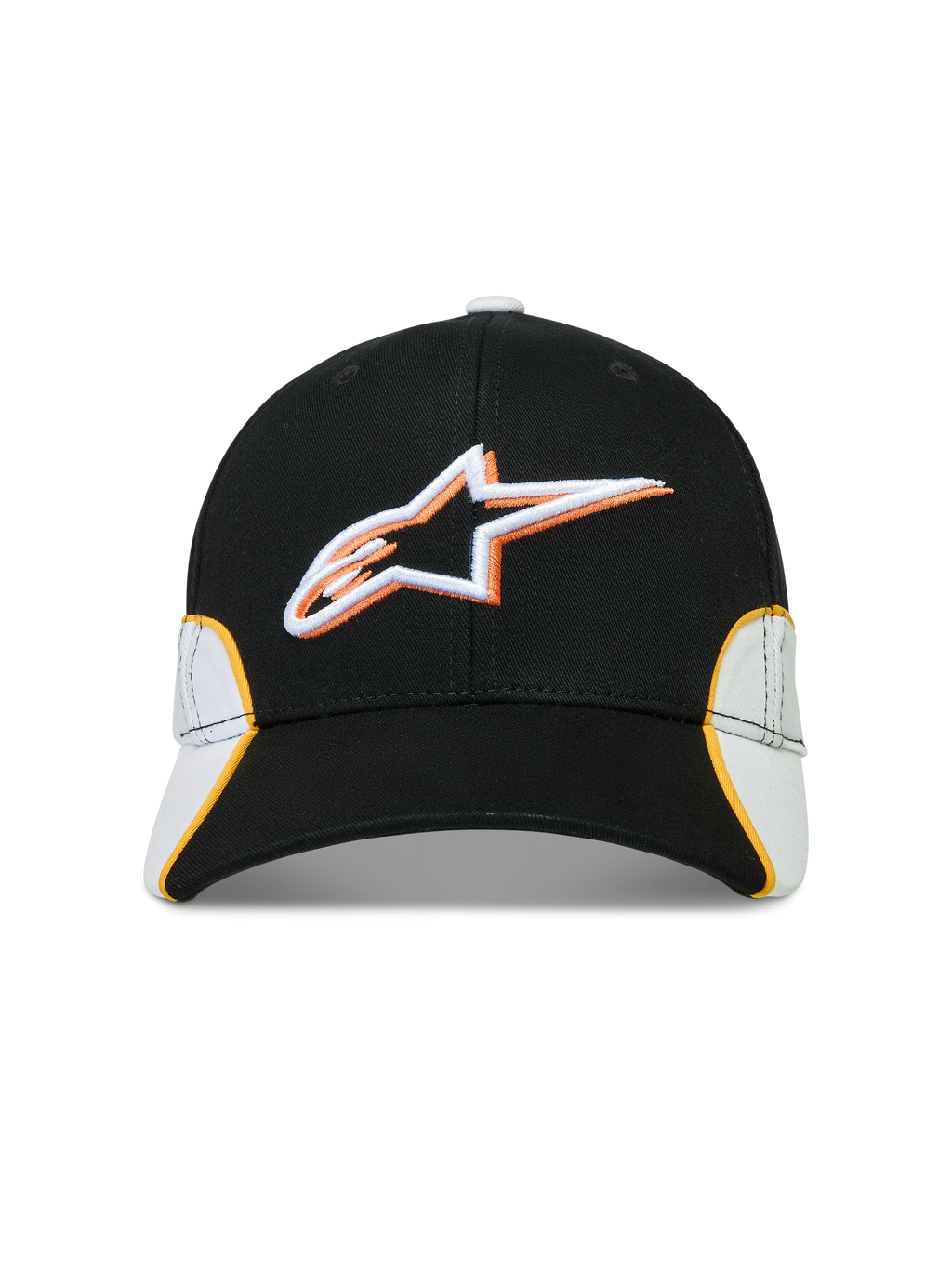 Alpinestars 500 Snapback kasket, motorsport-inspireret sportstøj, sort og hvid med orange detaljer, fremstillet i bomuldstwill med 3D-broderet Astars-logo, buet skygge og struktureret krone.
