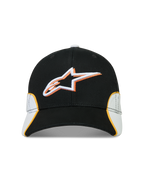 Alpinestars 500 Snapback kasket, motorsport-inspireret sportstøj, sort og hvid med orange detaljer, fremstillet i bomuldstwill med 3D-broderet Astars-logo, buet skygge og struktureret krone.