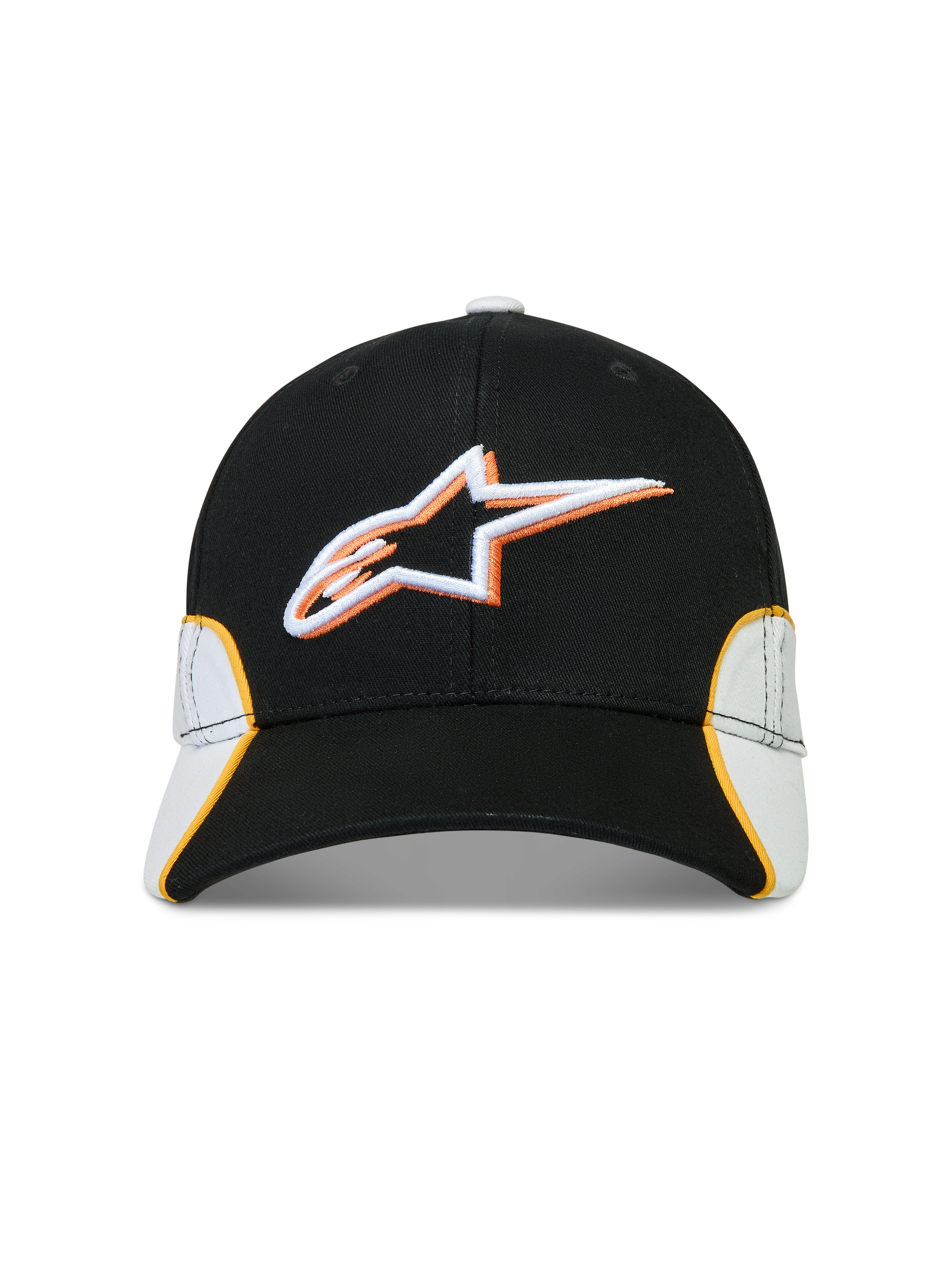 Alpinestars 500 Snapback kasket, motorsport-inspireret sportstøj, sort og hvid med orange detaljer, fremstillet i bomuldstwill med 3D-broderet Astars-logo, buet skygge og struktureret krone.