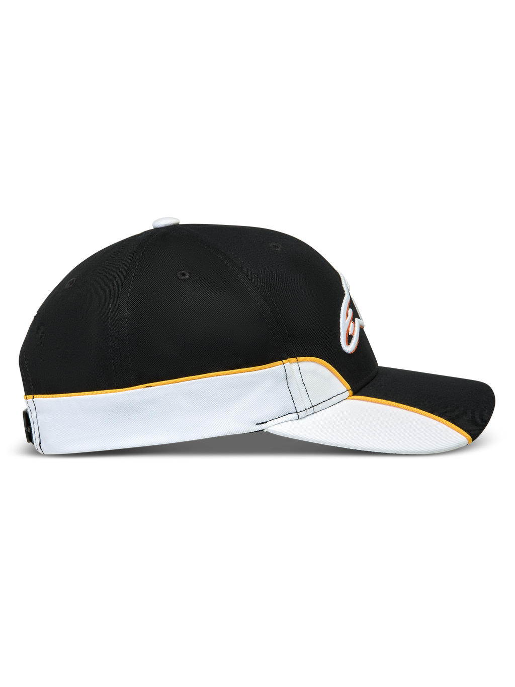 Alpinestars 500 Snapback Kasket, motorsport-inspireret sportstøj, sort og hvid med orange kant, sideprofil der viser buet skygge, struktureret krone og kontrastpiping.
