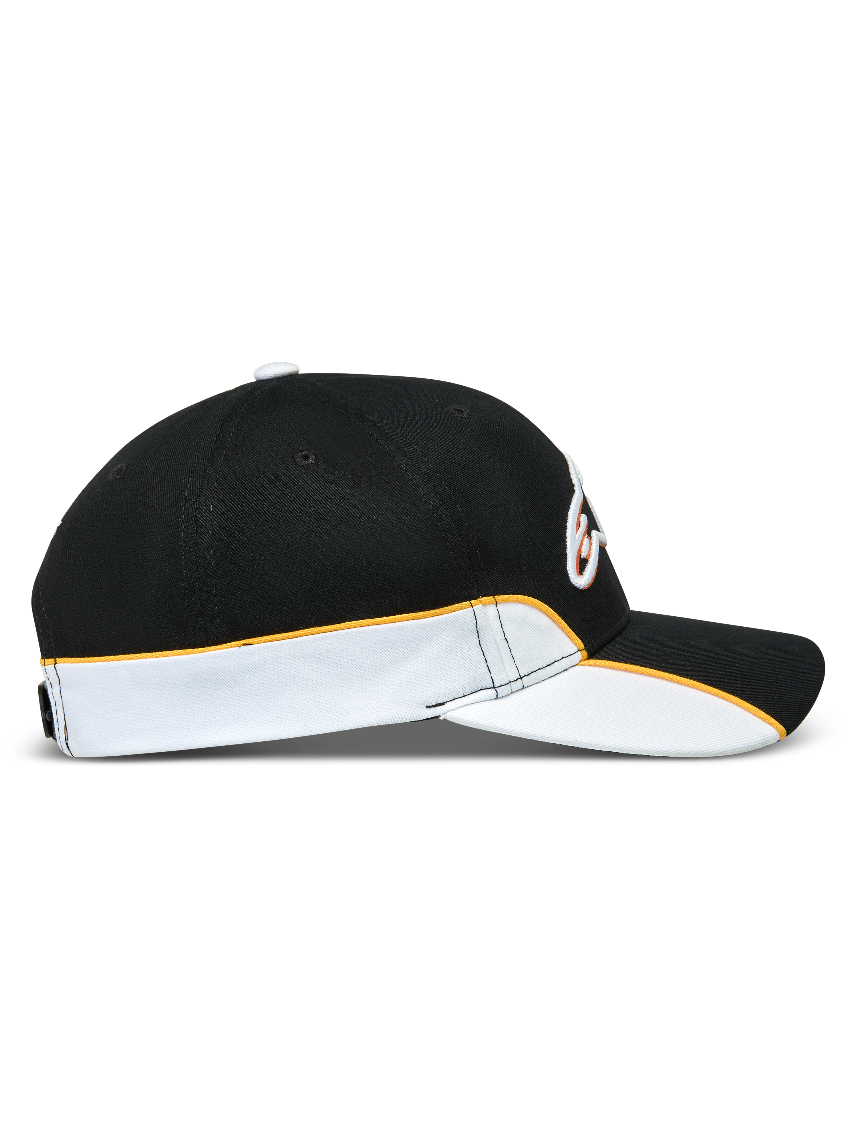 Alpinestars 500 Snapback Kasket, motorsport-inspireret sportstøj, sort og hvid med orange kant, sideprofil der viser buet skygge, struktureret krone og kontrastpiping.