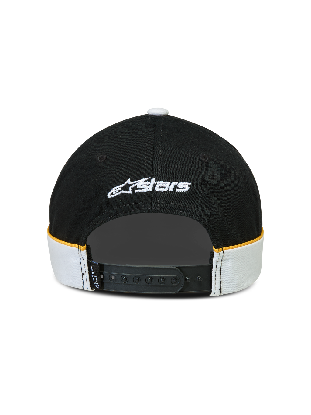 Alpinestars 500 Snapback kasket, motorsport livsstilskasket, sort og hvid med gule accenter, justerbar snapback-lukning, set bagfra med hvidt broderet Astars-logo og cut-and-sew-detaljer med kontrastpiping.
