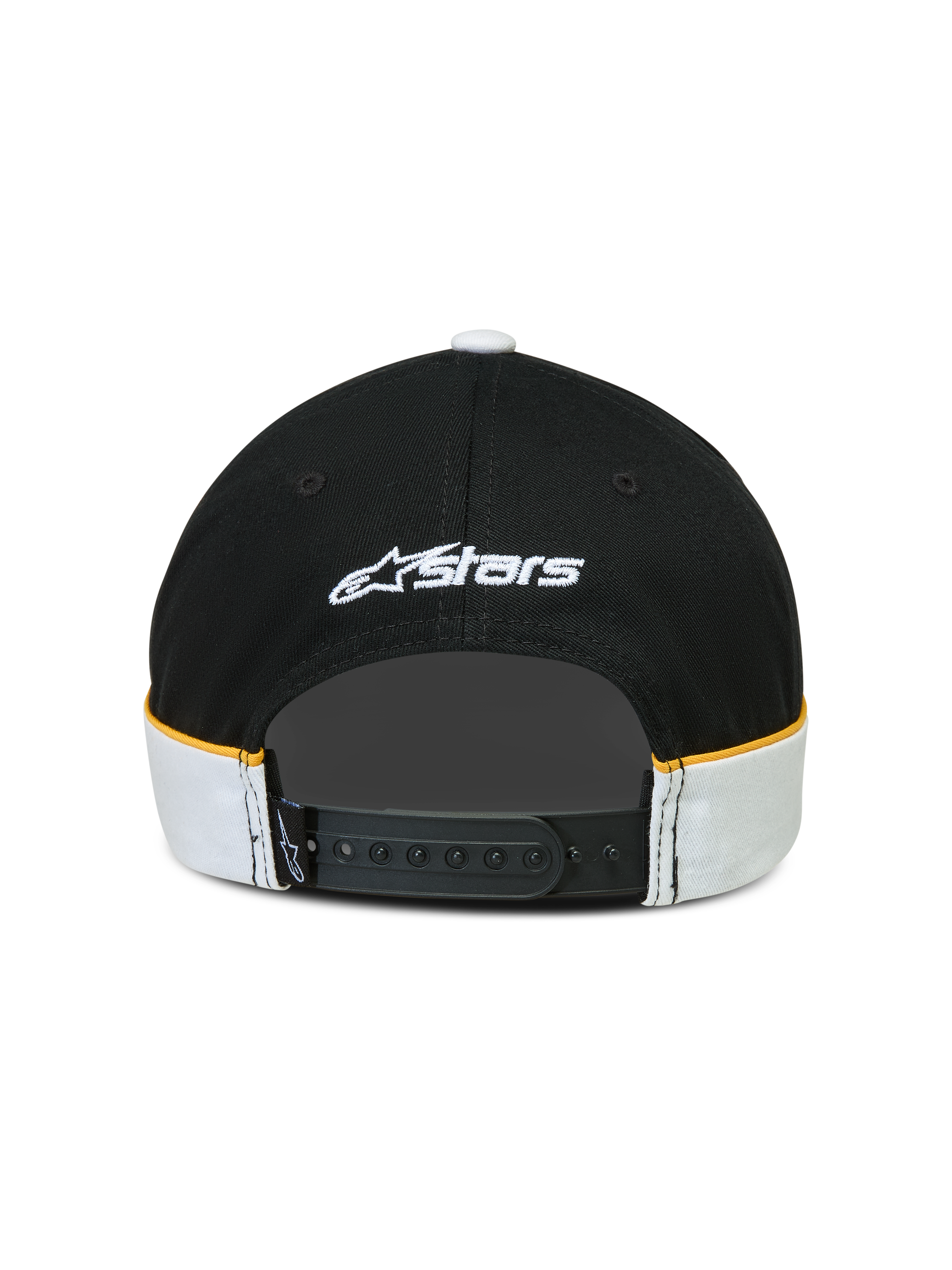 Alpinestars 500 Snapback kasket, motorsport livsstilskasket, sort og hvid med gule accenter, justerbar snapback-lukning, set bagfra med hvidt broderet Astars-logo og cut-and-sew-detaljer med kontrastpiping.