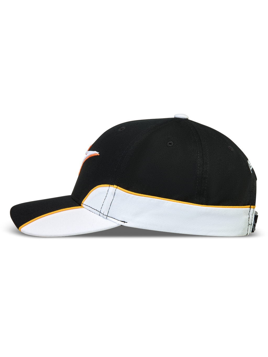 Alpinestars 500 Snapback kasket, motorsport-inspireret kasket til hverdagsbrug, unisex, sort og hvid med orange kontrastpiping, buet skygge og struktureret krone, slidstærk bomuldstwill, sidevisning med cut-and-sew-detaljer.