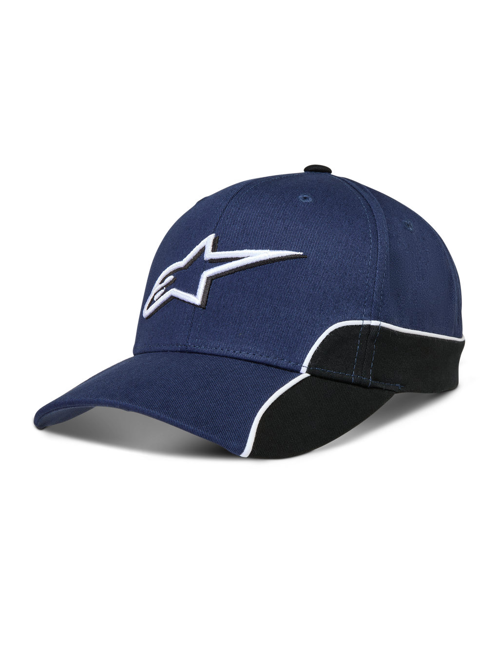 Alpinestars 500 Snapback kasket, sportstøj baseballkasket, marineblå og sort, med 3D Astars-logobrodering, buet skygge og struktureret krone med hvid kontrastpiping.
