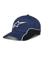 Alpinestars 500 Snapback kasket, sportstøj baseballkasket, marineblå og sort, med 3D Astars-logobrodering, buet skygge og struktureret krone med hvid kontrastpiping.