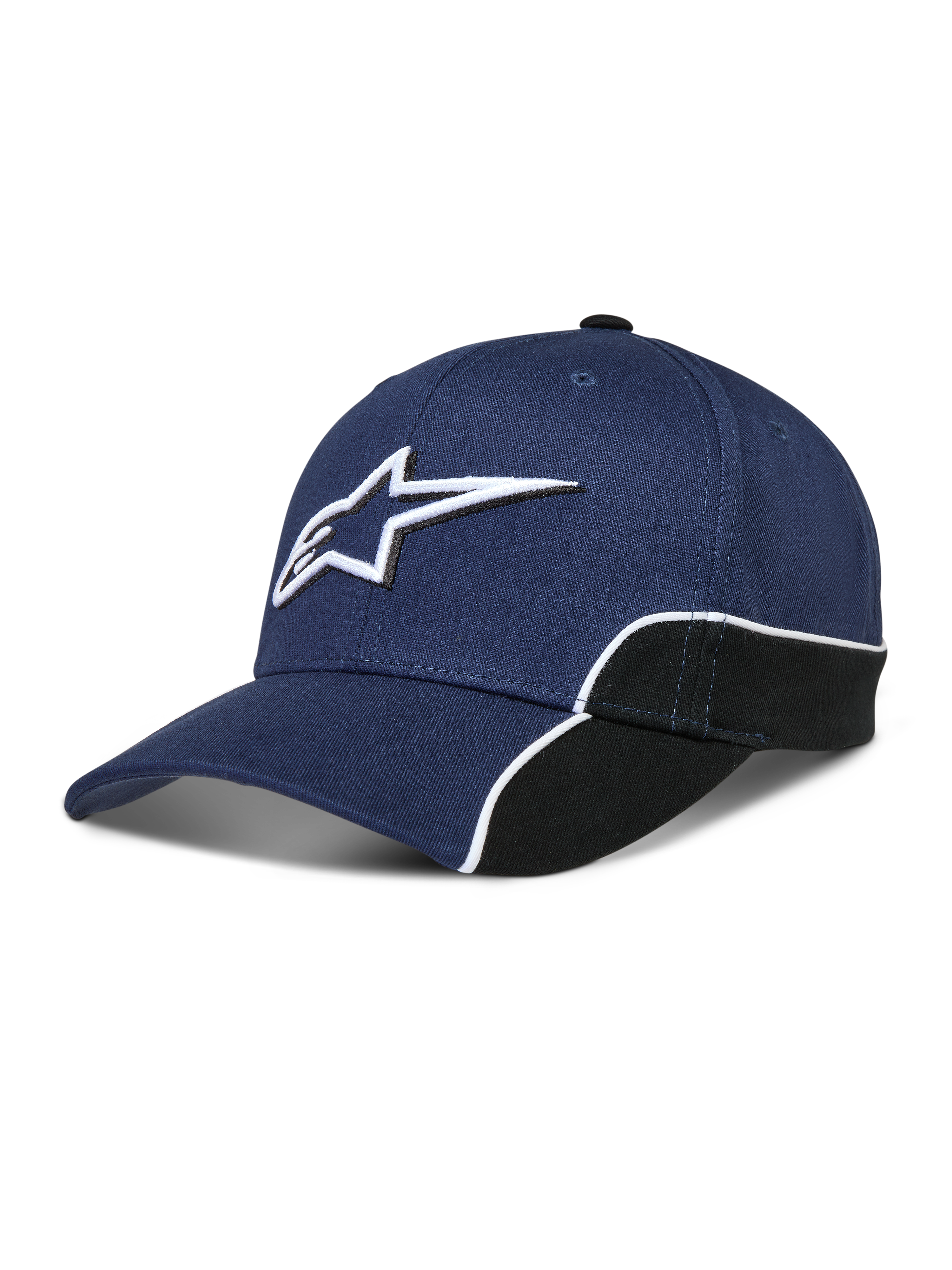 Alpinestars 500 Snapback kasket, sportstøj baseballkasket, marineblå og sort, med 3D Astars-logobrodering, buet skygge og struktureret krone med hvid kontrastpiping.