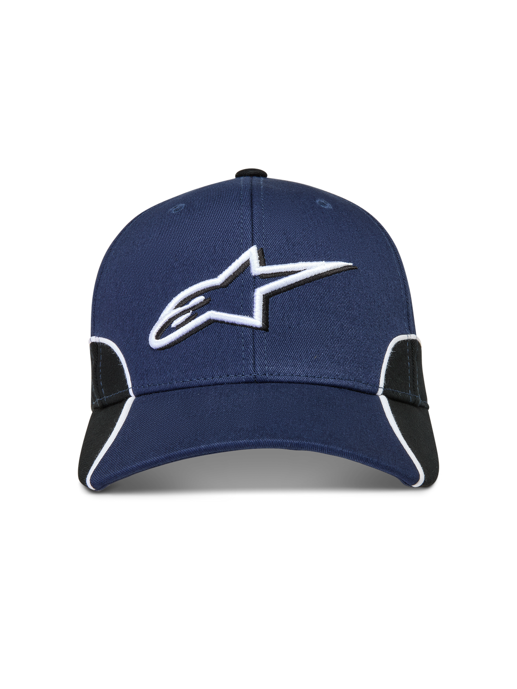 Alpinestars 500 Snapback Kasket, motorsport-inspireret baseball cap, navy blå og sort, 3D-broderet Astars-logo på fronten, buet skygge, struktureret krone og hvid kontrastpiping.