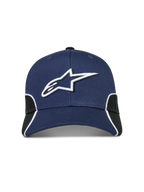 Alpinestars 500 Snapback Kasket, motorsport-inspireret baseball cap, navy blå og sort, 3D-broderet Astars-logo på fronten, buet skygge, struktureret krone og hvid kontrastpiping.