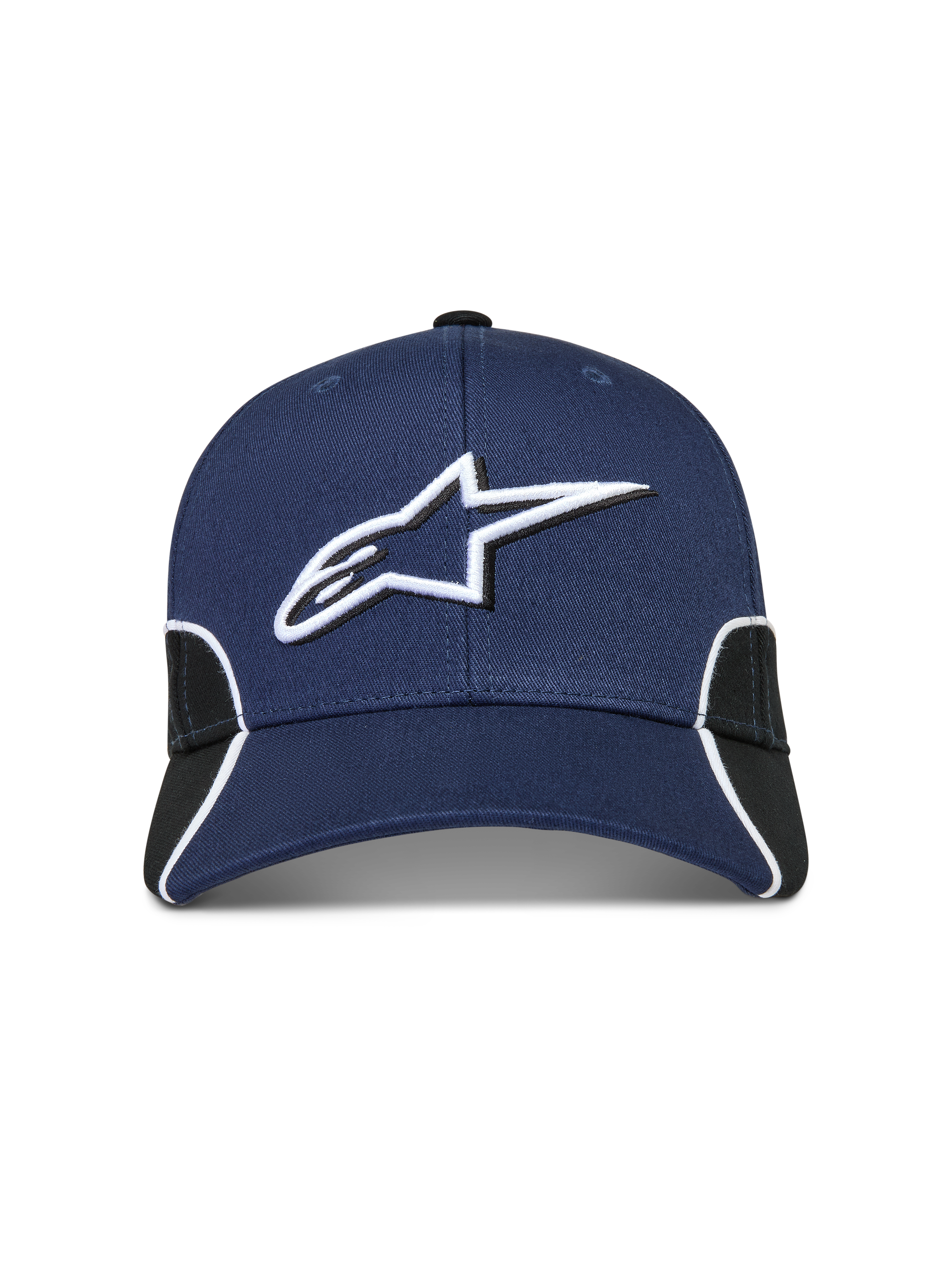 Alpinestars 500 Snapback Kasket, motorsport-inspireret baseball cap, navy blå og sort, 3D-broderet Astars-logo på fronten, buet skygge, struktureret krone og hvid kontrastpiping.