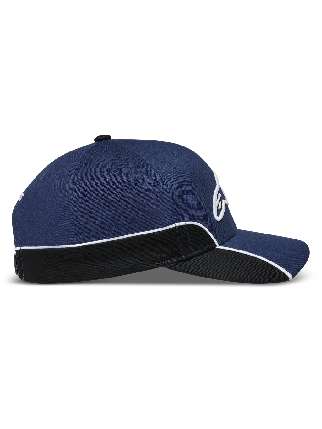 Alpinestars 500 Snapback kasket, motorsportsinspireret kasket til hverdagsbrug, navyblå og sort med hvid kontrastpiping, struktureret krone, buet skygge og 3D Astars-brodering, set fra siden.