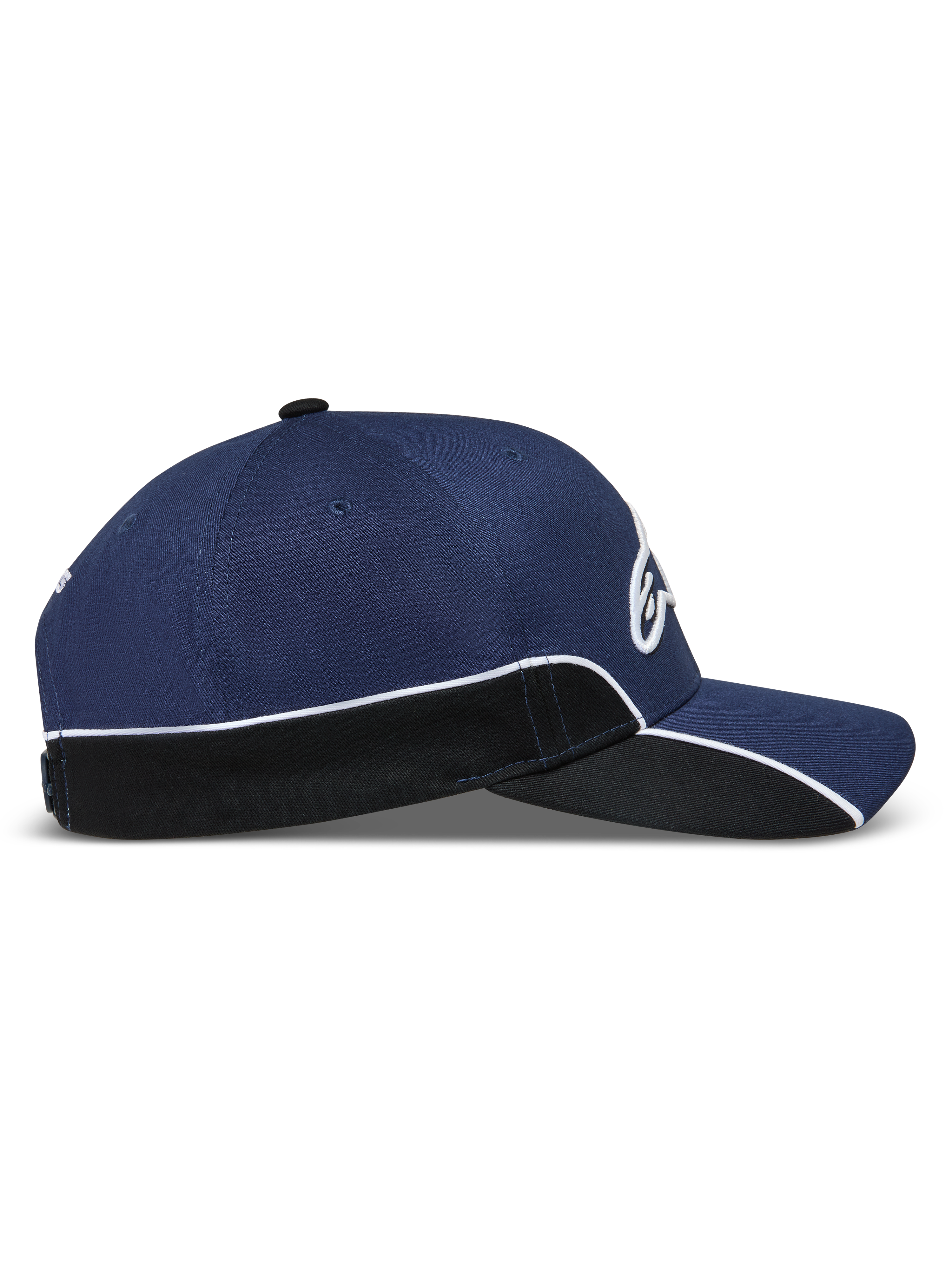 Alpinestars 500 Snapback kasket, motorsportsinspireret kasket til hverdagsbrug, navyblå og sort med hvid kontrastpiping, struktureret krone, buet skygge og 3D Astars-brodering, set fra siden.