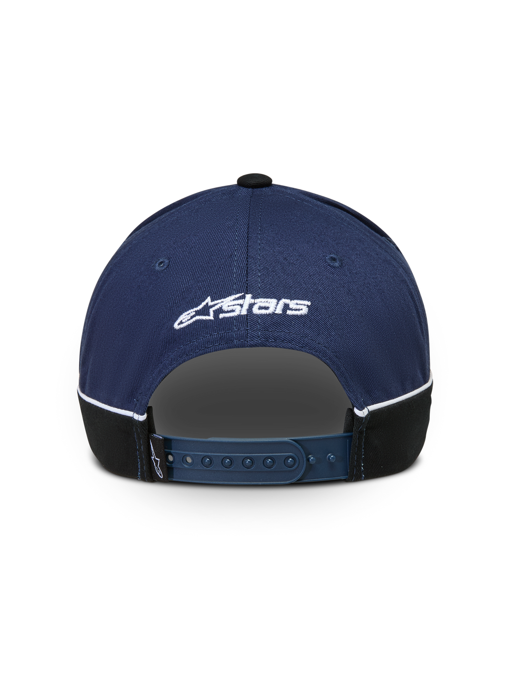 Alpinestars 500 Snapback kasket, sportswear baseball kasket i navyblå og sort, set bagfra med justerbar snapback-lukning, hvidt Astars logobroderi og hvid kontrastpiping.