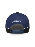 Alpinestars 500 Snapback kasket, sportswear baseball kasket i navyblå og sort, set bagfra med justerbar snapback-lukning, hvidt Astars logobroderi og hvid kontrastpiping.