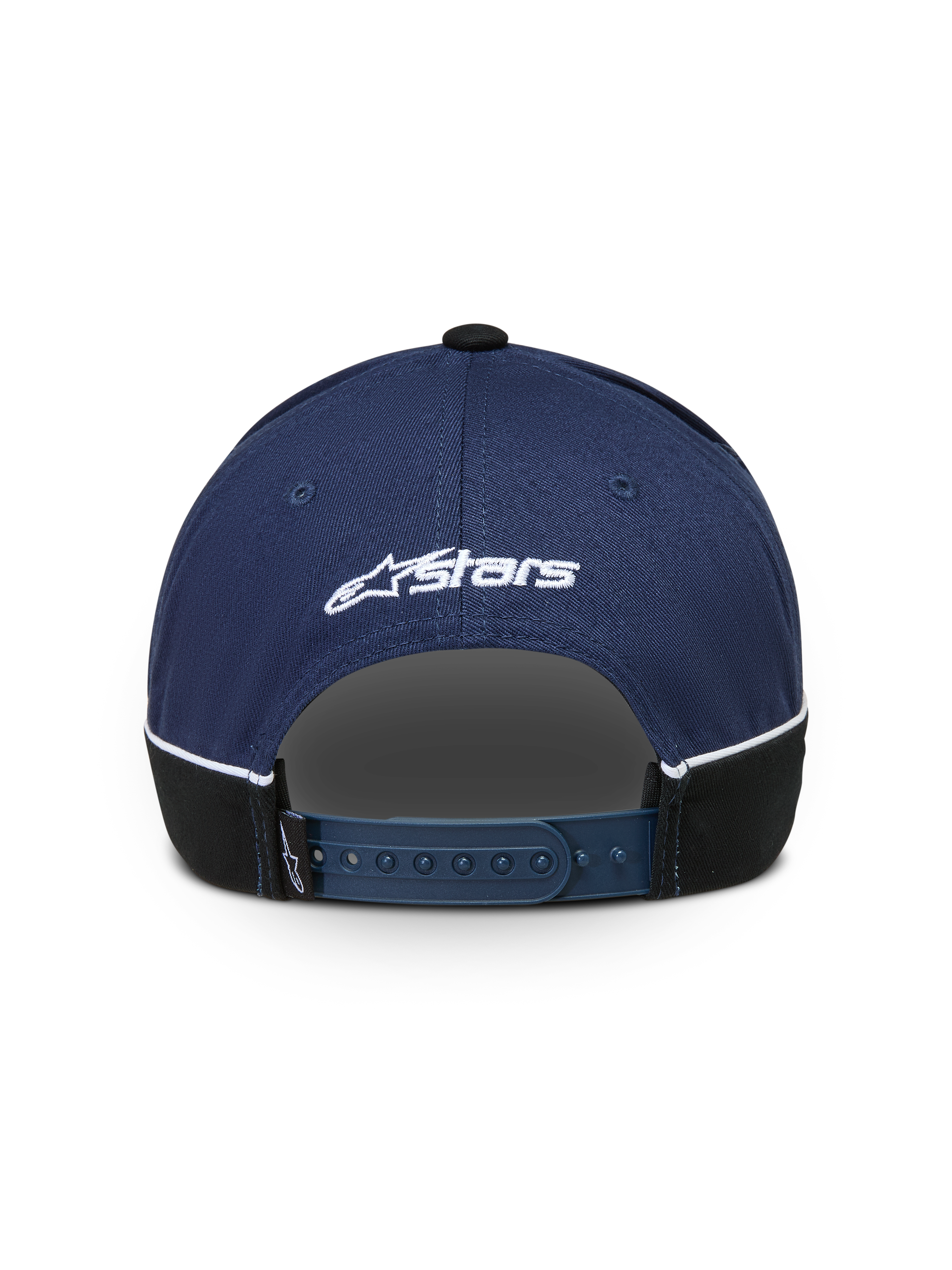 Alpinestars 500 Snapback kasket, sportswear baseball kasket i navyblå og sort, set bagfra med justerbar snapback-lukning, hvidt Astars logobroderi og hvid kontrastpiping.