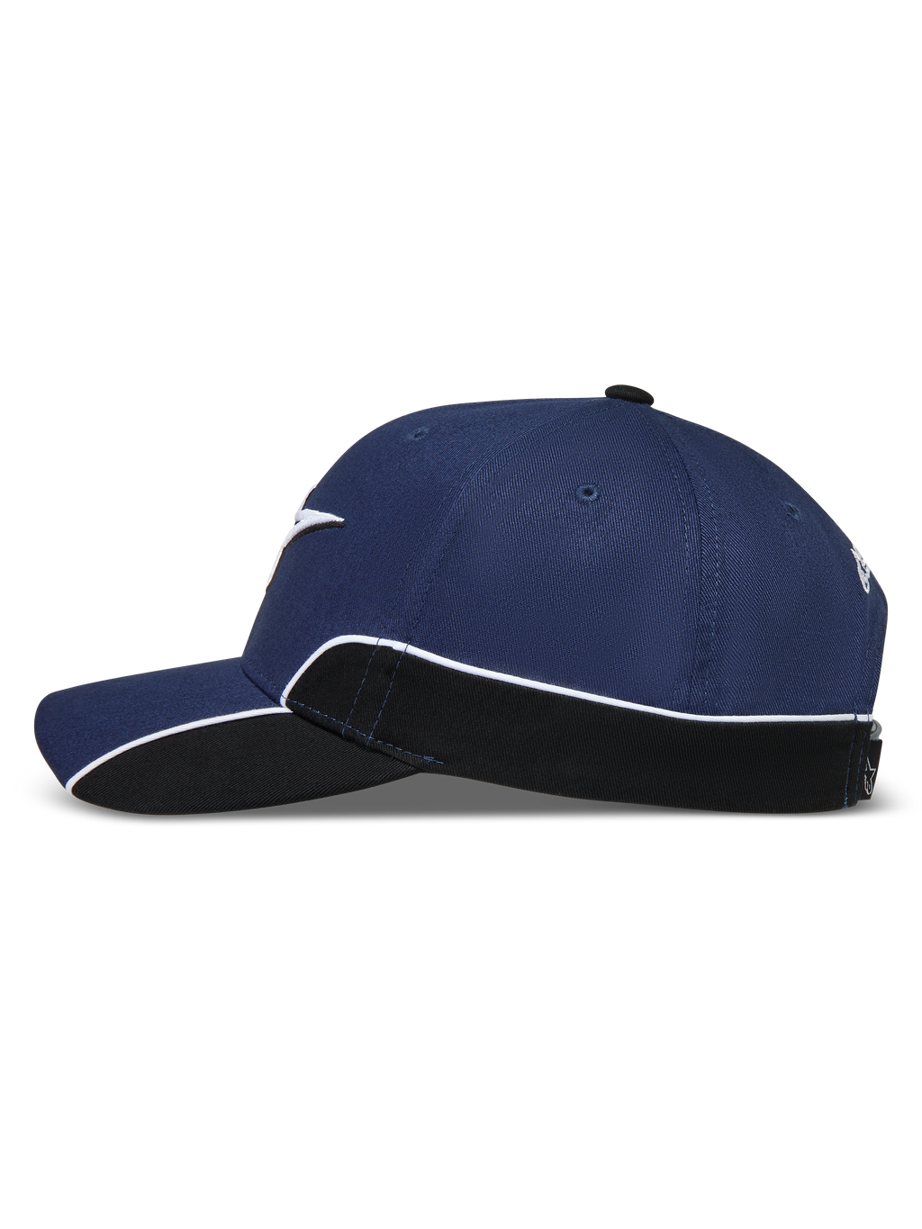 Alpinestars 500 Snapback kasket, sportswear-kasket, unisex, navyblå og sort, sideprofil med buet skygge, struktureret krone og hvid kontrastpiping på sidepanelet.