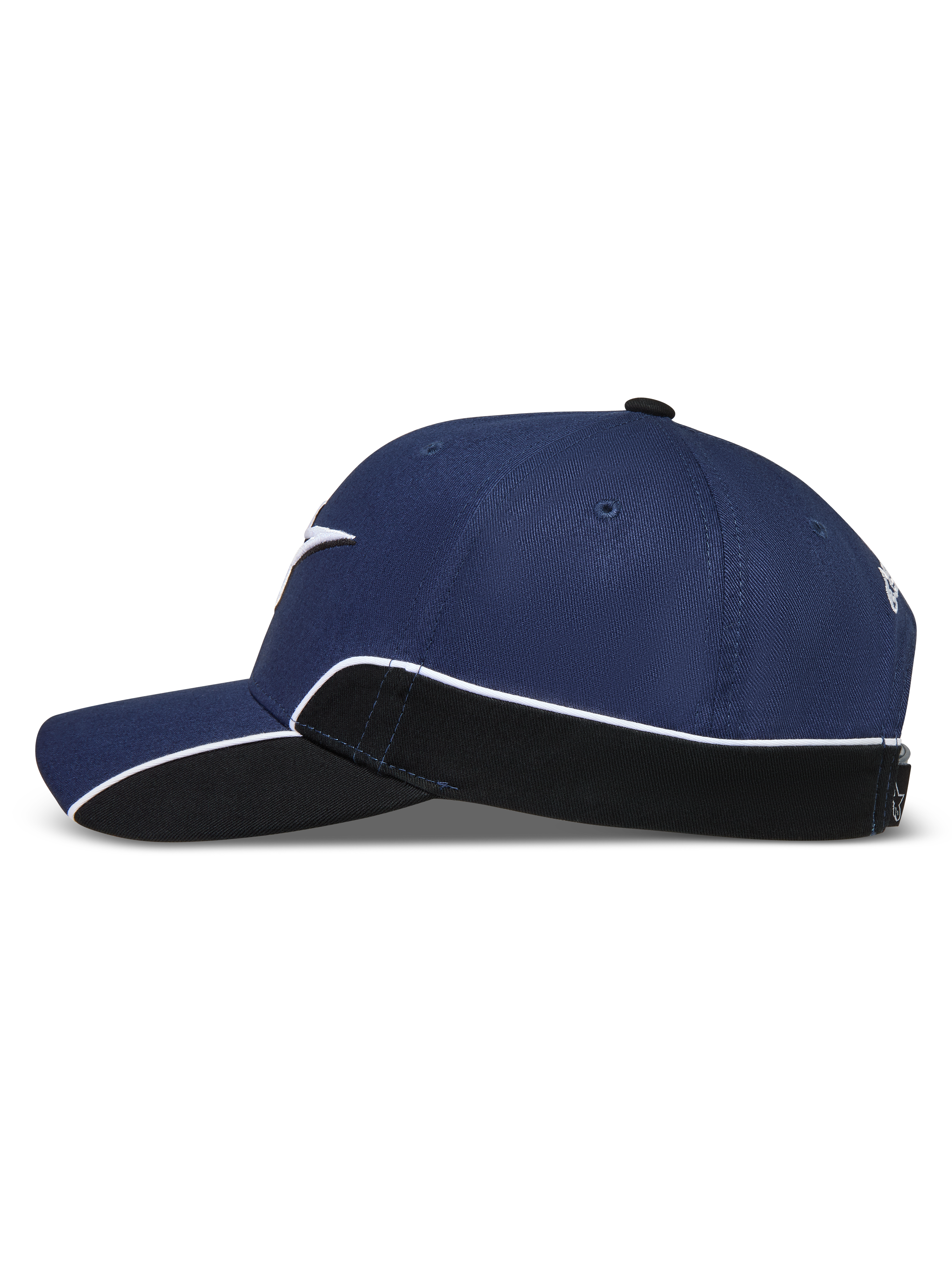 Alpinestars 500 Snapback kasket, sportswear-kasket, unisex, navyblå og sort, sideprofil med buet skygge, struktureret krone og hvid kontrastpiping på sidepanelet.