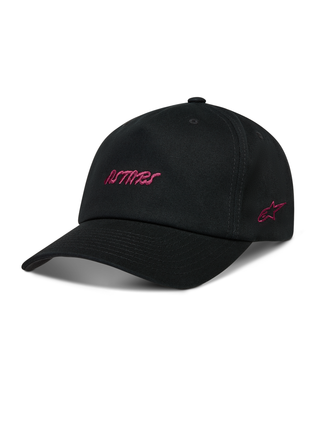 Alpinestars Explorer Strapback Hat, sort kasket med pink Astars-logobroderi, struktureret krone og buet skygge.