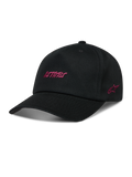 Alpinestars Explorer Strapback Hat, sort kasket med pink Astars-logobroderi, struktureret krone og buet skygge.