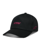 Alpinestars Explorer Strapback Hat, sort kasket med pink Astars-logobroderi, struktureret krone og buet skygge.