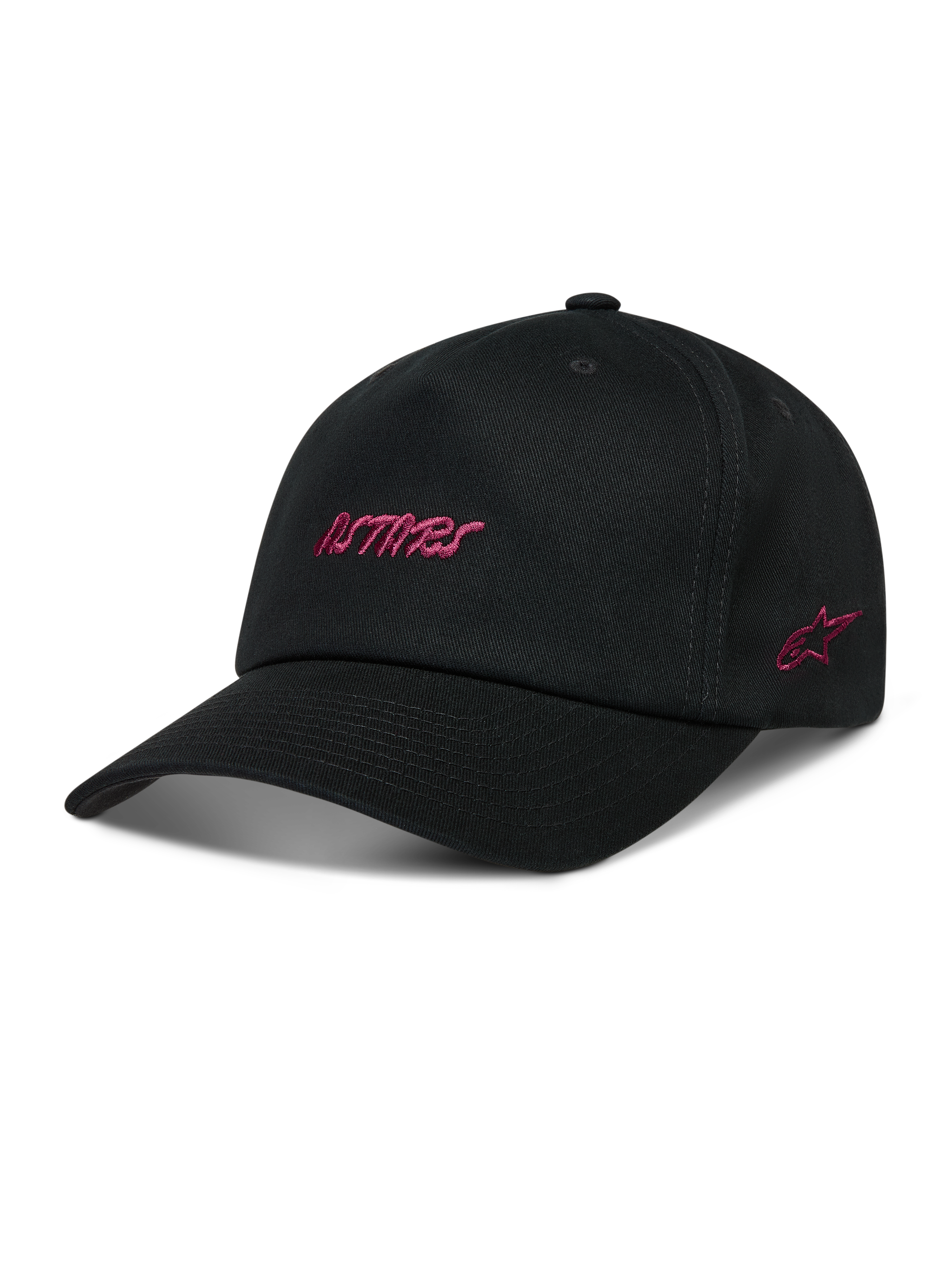 Alpinestars Explorer Strapback Hat, sort kasket med pink Astars-logobroderi, struktureret krone og buet skygge.