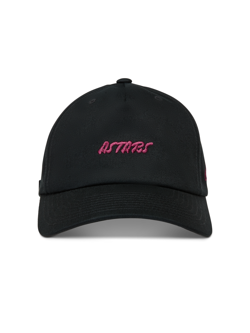 Alpinestars Explorer Strapback kasket, sort med pink broderet Astars-logo og buet skygge, motorsport sportstøj.