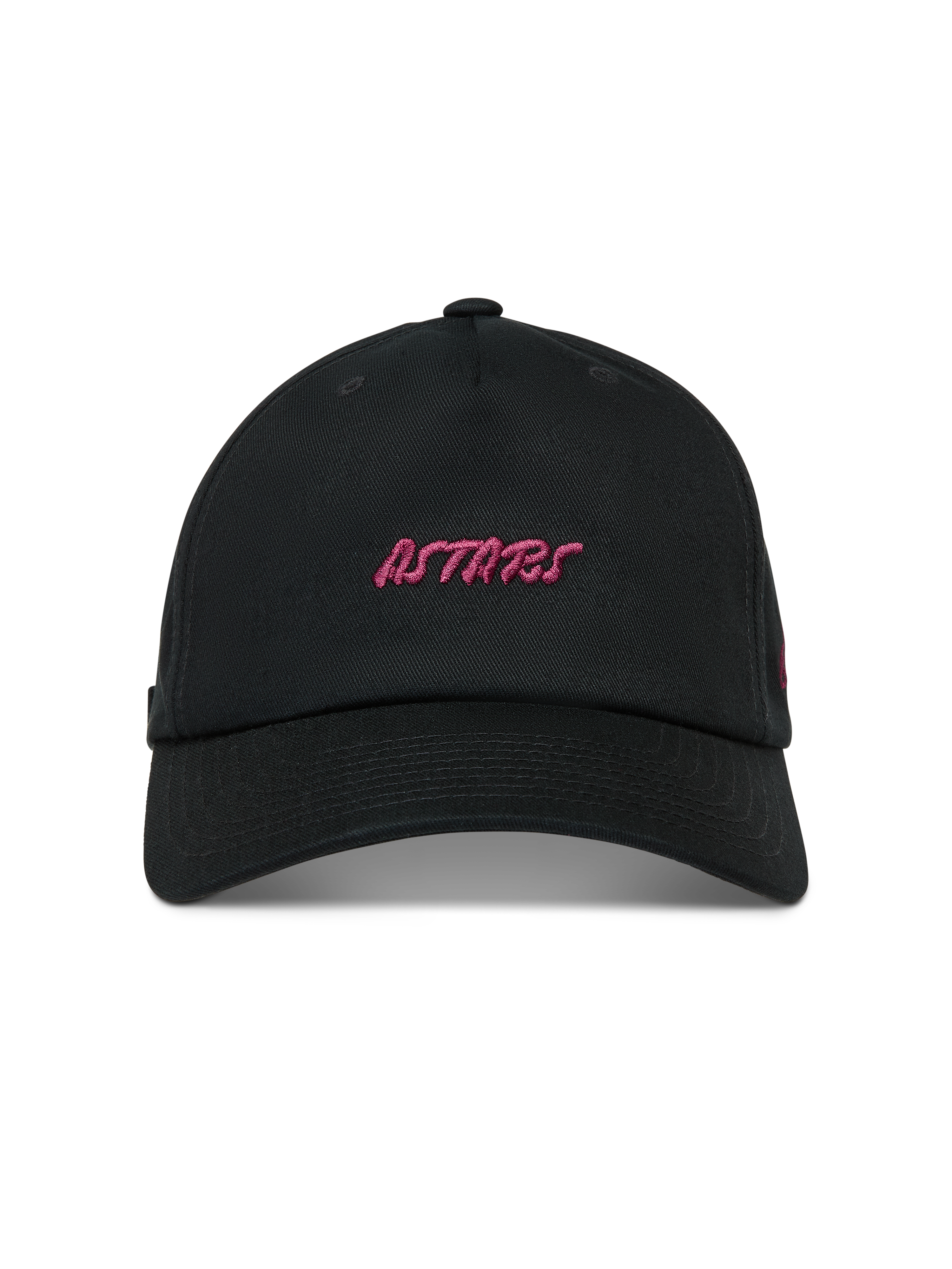 Alpinestars Explorer Strapback kasket, sort med pink broderet Astars-logo og buet skygge, motorsport sportstøj.