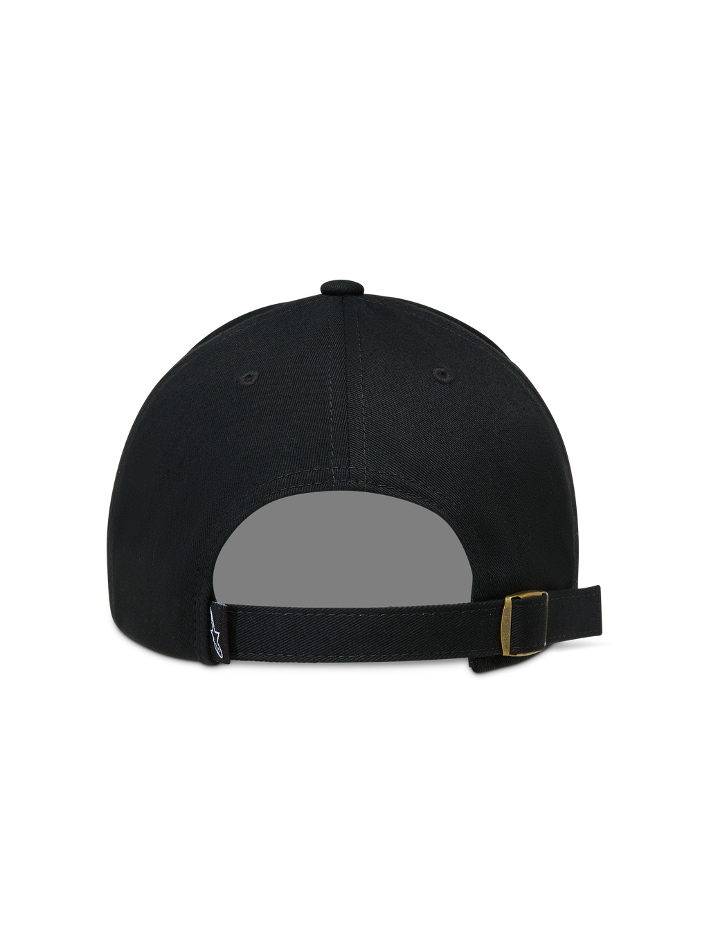 Alpinestars Explorer Strapback Hat, sort sportskasket set bagfra med justerbar rem og guldspænde.