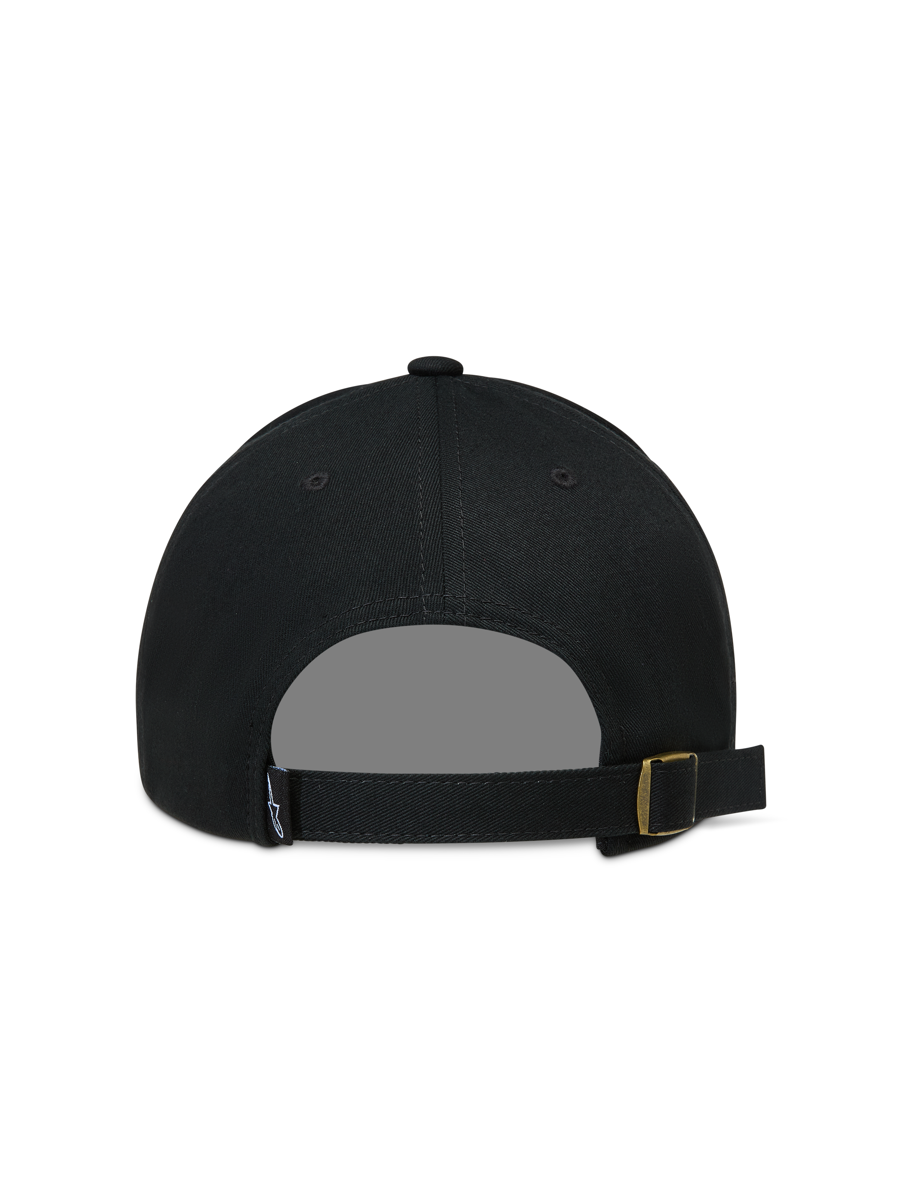 Alpinestars Explorer Strapback Hat, sort sportskasket set bagfra med justerbar rem og guldspænde.