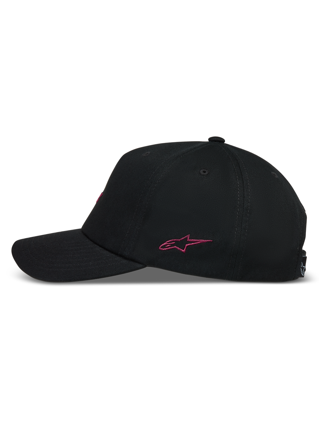 Alpinestars Explorer Strapback kasket, sidevisning af sort kasket med pink broderet logo og buet skygge.