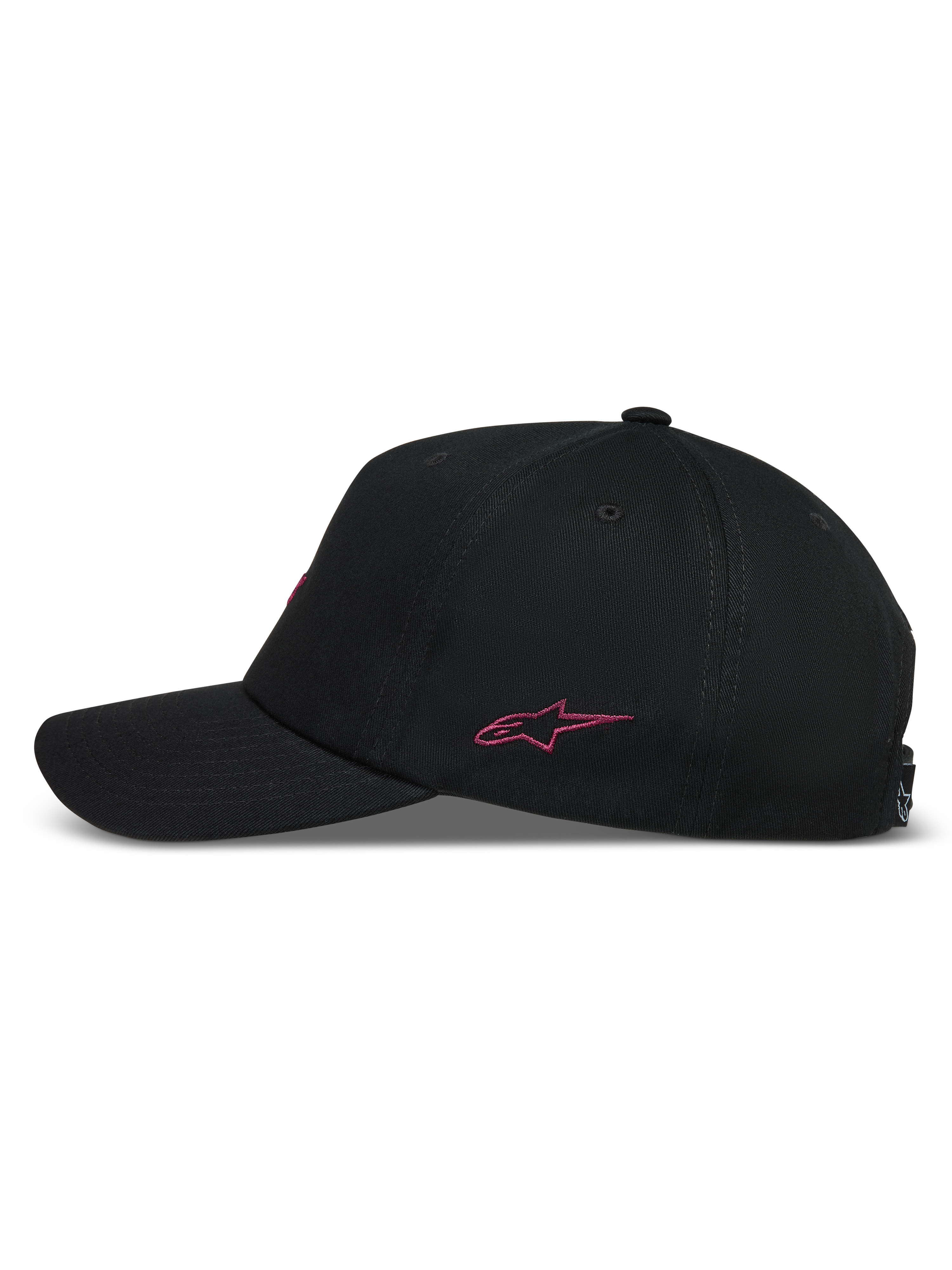Alpinestars Explorer Strapback kasket, sidevisning af sort kasket med pink broderet logo og buet skygge.