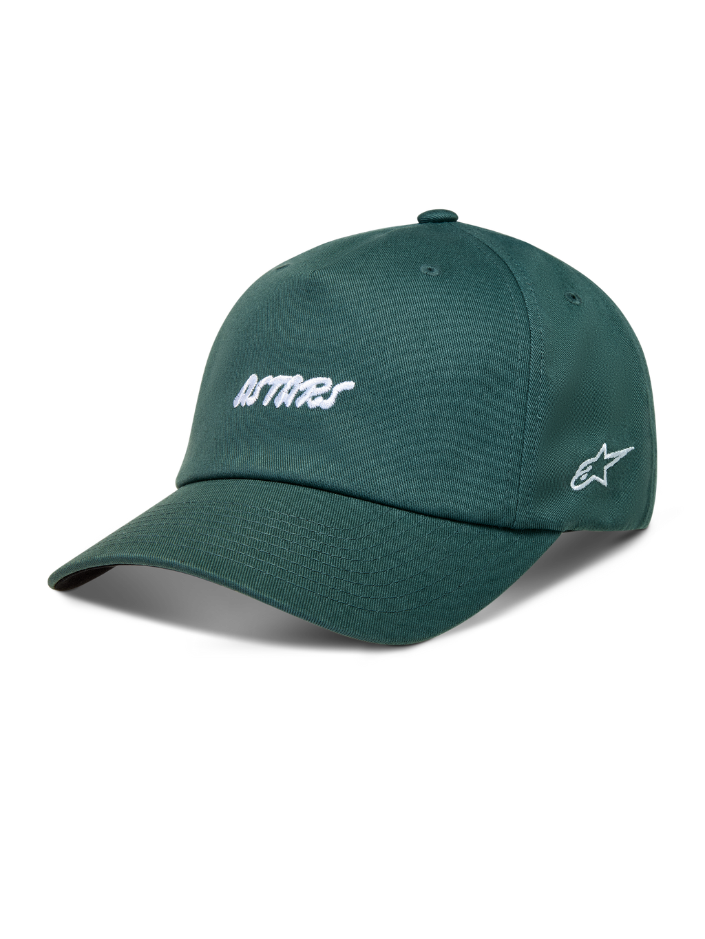 Alpinestars Explorer Strapback kasket, grøn twill med hvidt Astars-broderi og buet skygge, afslappet motorsport sportstøj.