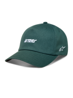 Alpinestars Explorer Strapback kasket, grøn twill med hvidt Astars-broderi og buet skygge, afslappet motorsport sportstøj.