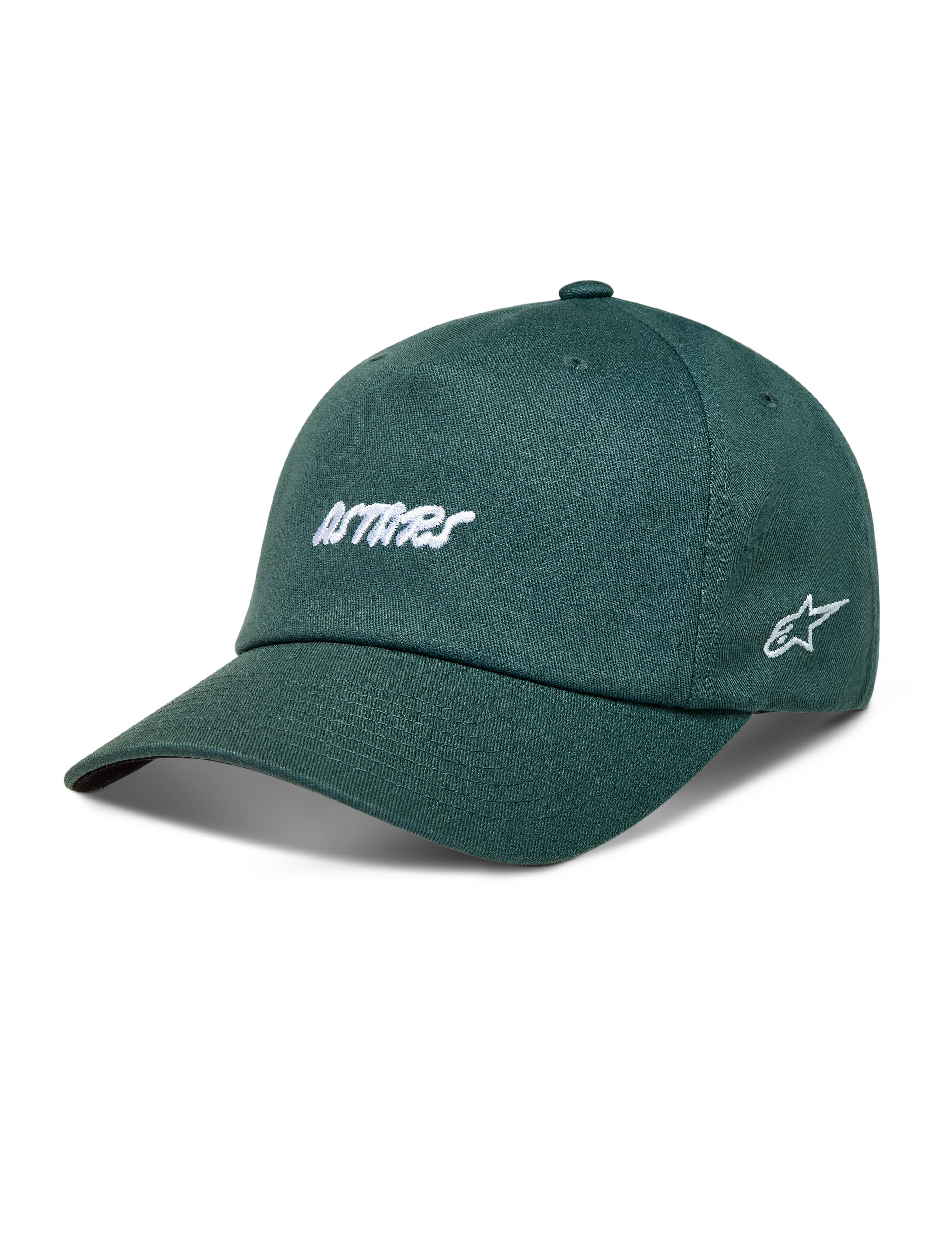 Alpinestars Explorer Strapback kasket, grøn twill med hvidt Astars-broderi og buet skygge, afslappet motorsport sportstøj.