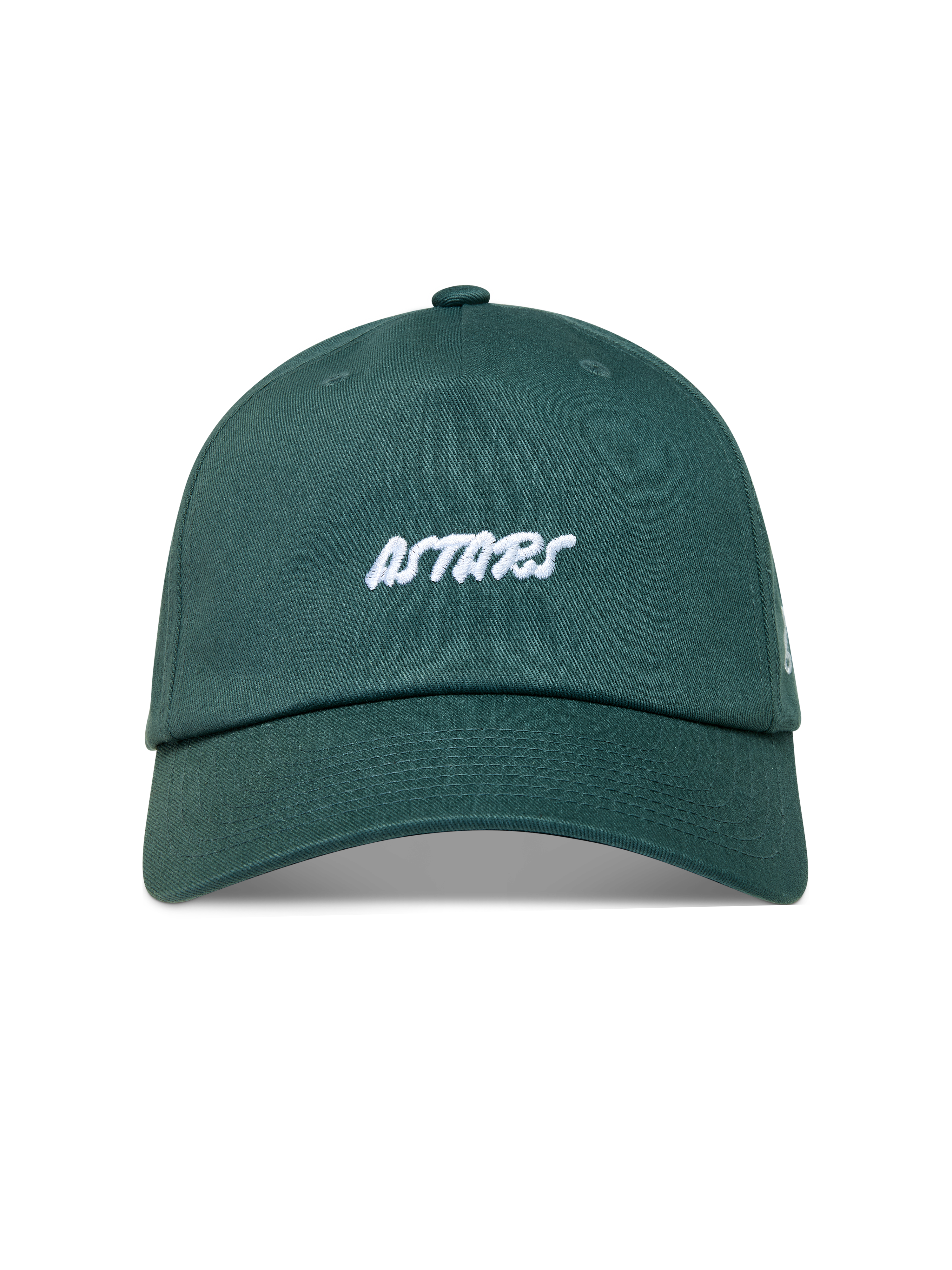 Alpinestars Explorer Strapback kasket, grøn sportskasket med hvidt broderet Astars-logo, buet skygge og struktureret krone.