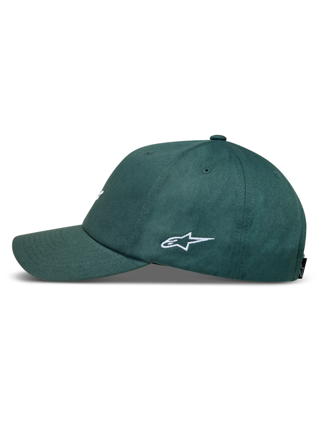 Alpinestars Explorer Strapback kasket, grøn kasket med buet skygge, hvidt logobroderi på siden og struktureret krone.