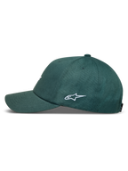 Alpinestars Explorer Strapback kasket, grøn kasket med buet skygge, hvidt logobroderi på siden og struktureret krone.