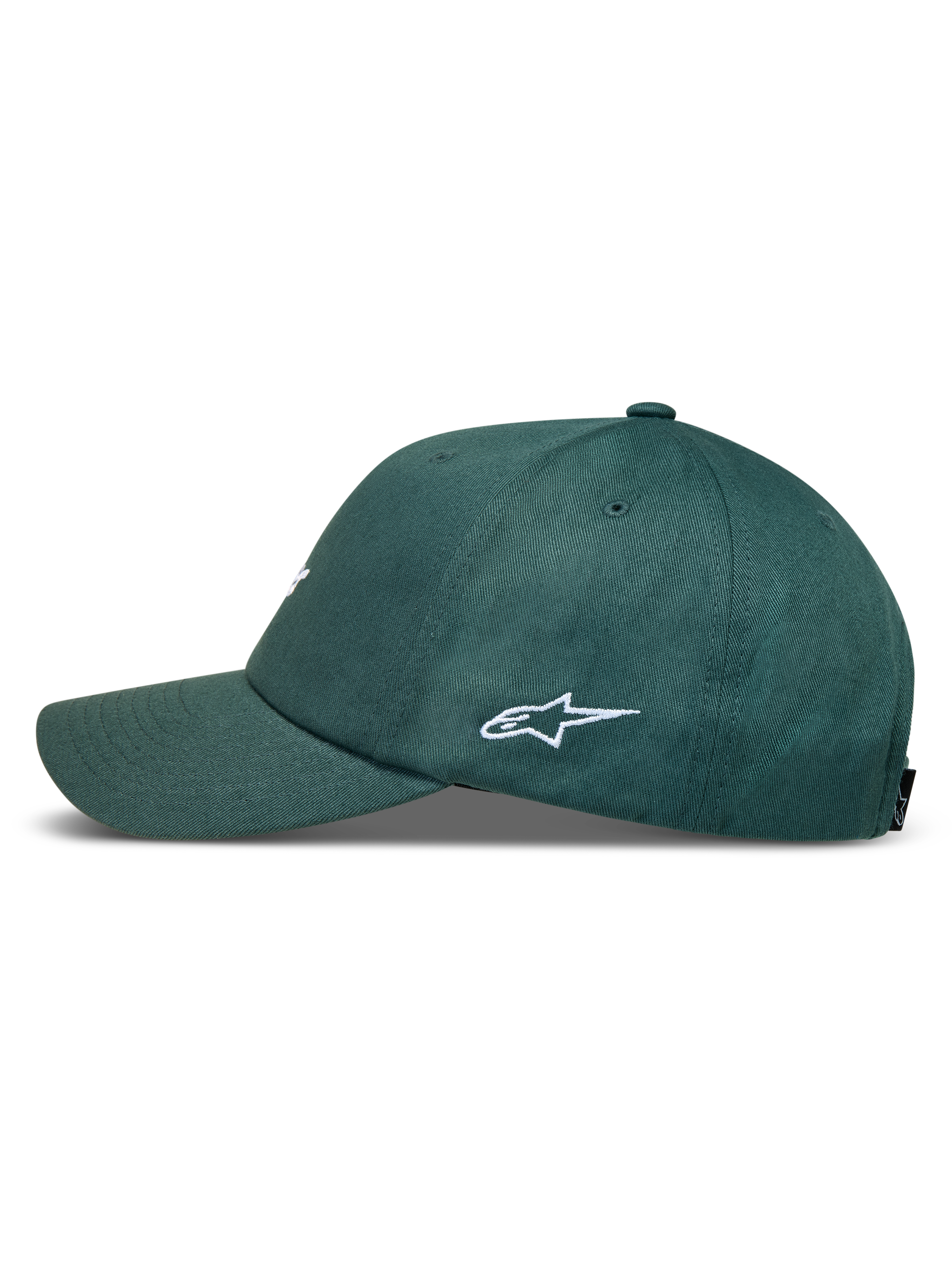 Alpinestars Explorer Strapback kasket, grøn kasket med buet skygge, hvidt logobroderi på siden og struktureret krone.