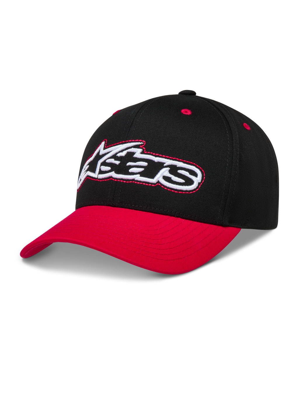Alpinestars Retro Snapback kasket, sort og rød med buet skygge, broderet Astars-logo og struktureret krone, sportstøj.