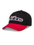 Alpinestars Retro Snapback kasket, sort og rød med buet skygge, broderet Astars-logo og struktureret krone, sportstøj.
