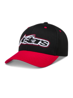 Alpinestars Retro Snapback kasket, sort og rød med buet skygge, broderet Astars-logo og struktureret krone, sportstøj.