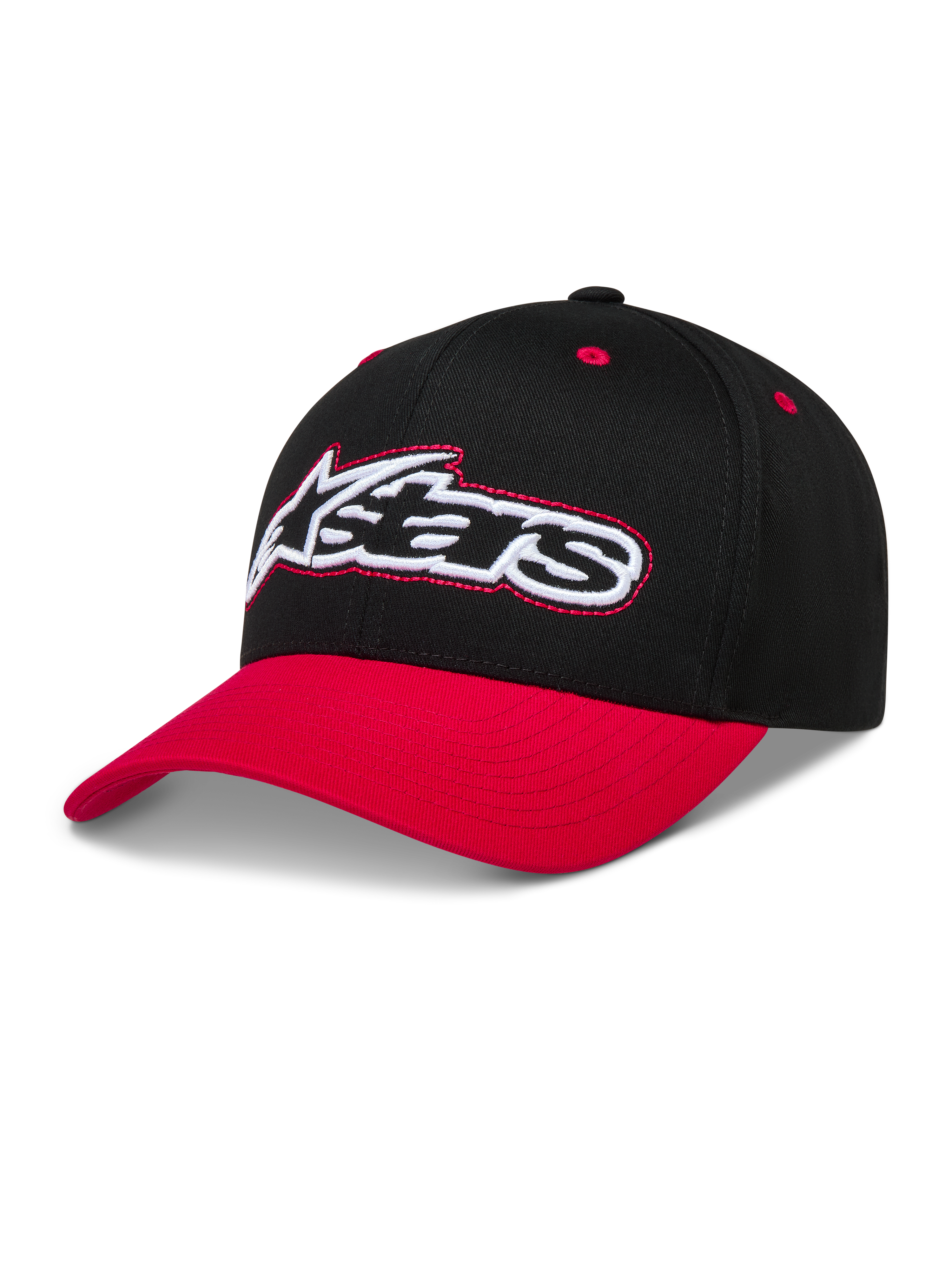 Alpinestars Retro Snapback kasket, sort og rød med buet skygge, broderet Astars-logo og struktureret krone, sportstøj.