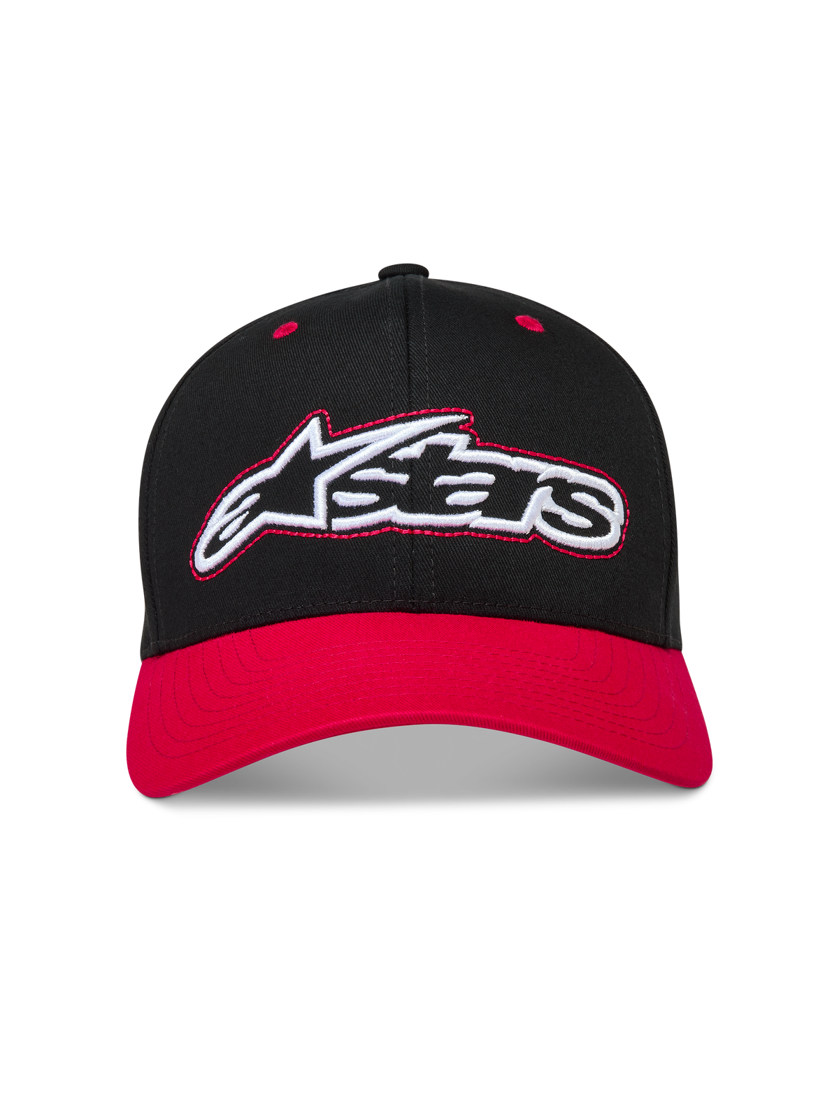 Alpinestars Retro Snapback kasket, sort og rød sportskasket med buet skygge og broderet Astars-logo.