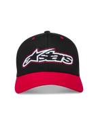 Alpinestars Retro Snapback kasket, sort og rød sportskasket med buet skygge og broderet Astars-logo.