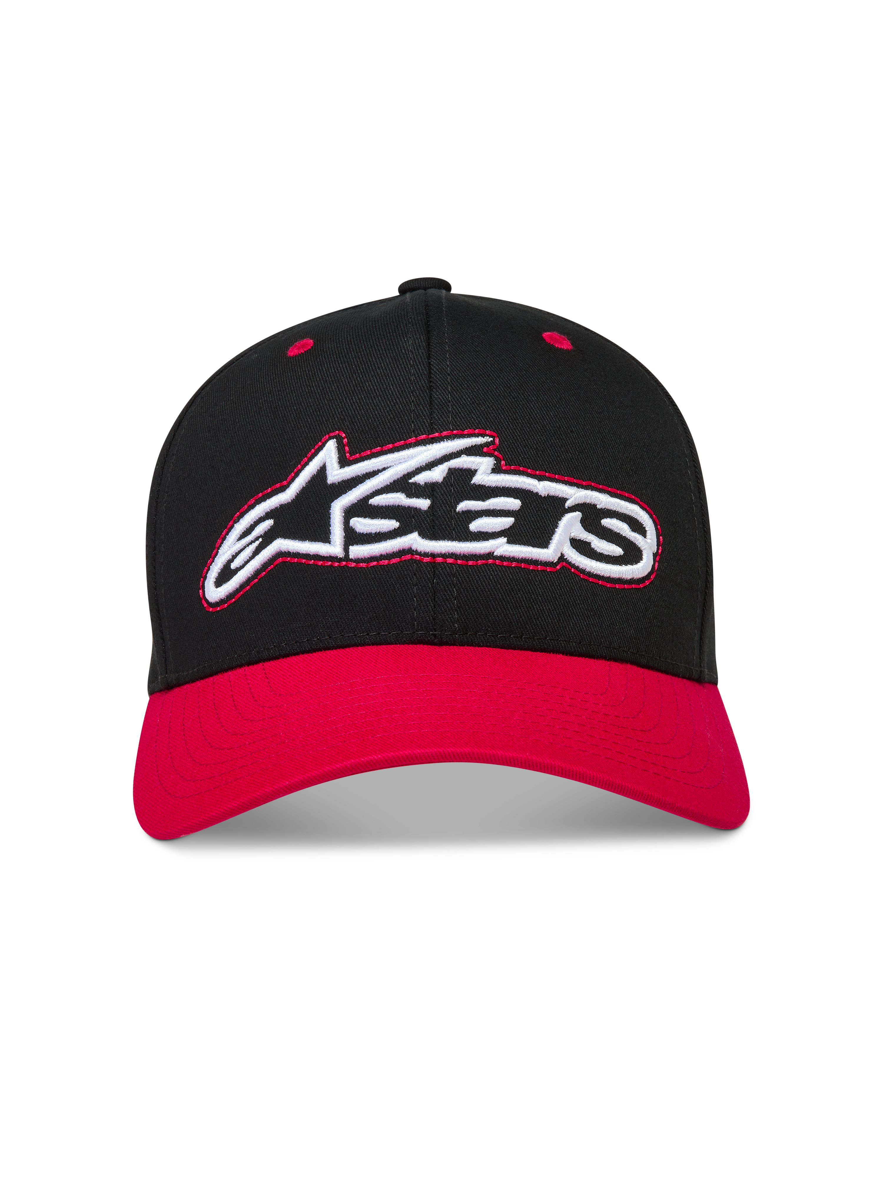 Alpinestars Retro Snapback kasket, sort og rød sportskasket med buet skygge og broderet Astars-logo.