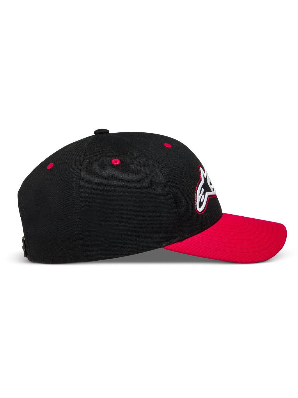 Alpinestars Retro Snapback Hat, sort og rød snapback-kasket med buet skygge og struktureret twill-krone.