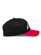 Alpinestars Retro Snapback Hat, sort og rød snapback-kasket med buet skygge og struktureret twill-krone.