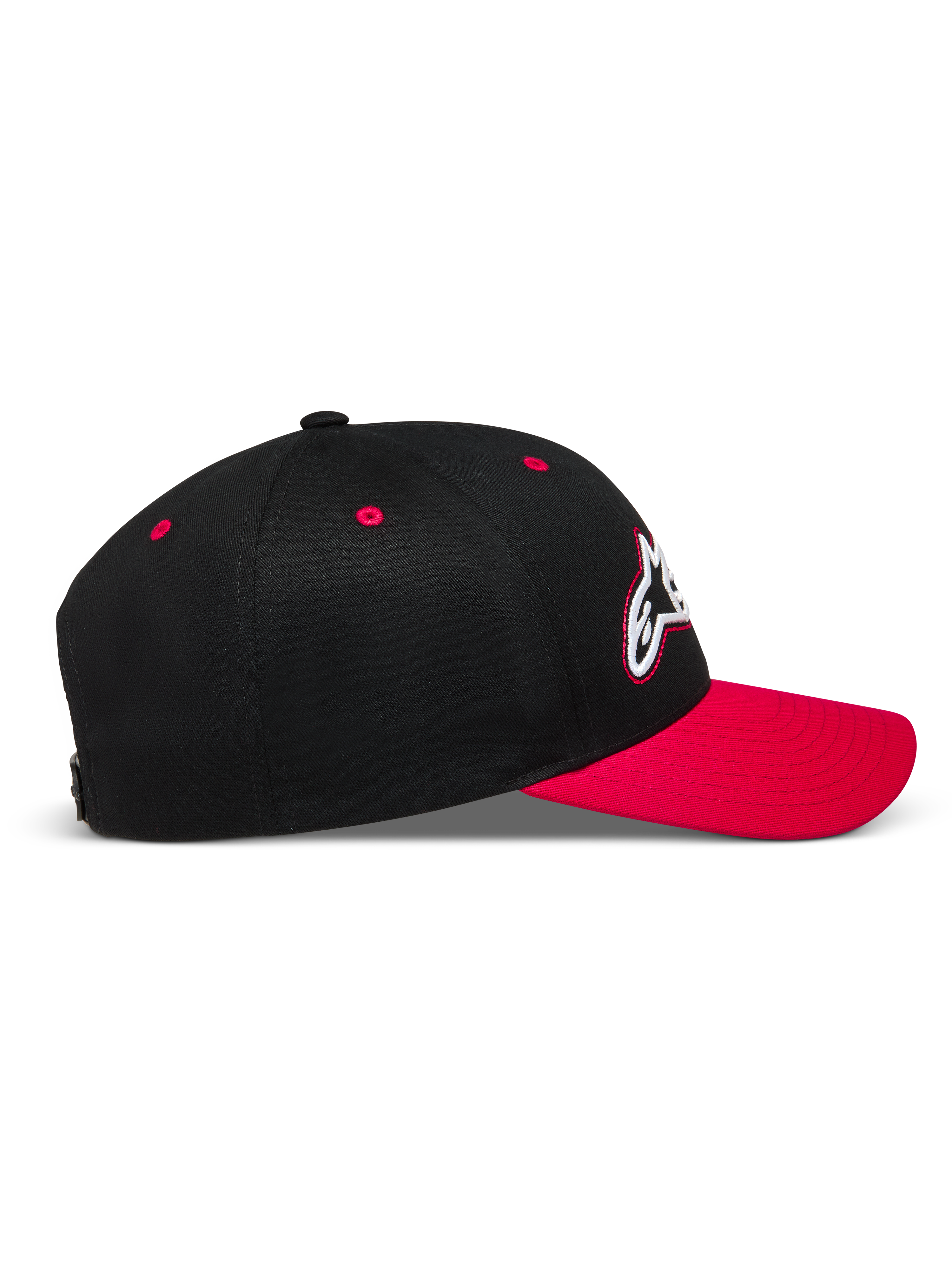 Alpinestars Retro Snapback Hat, sort og rød snapback-kasket med buet skygge og struktureret twill-krone.