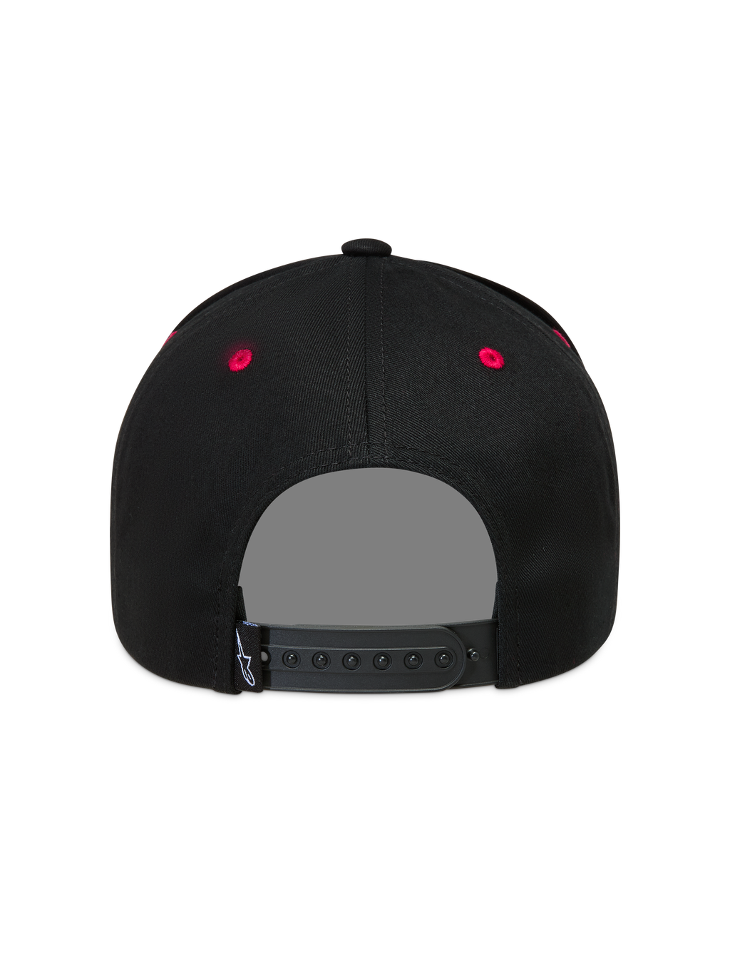 Alpinestars Retro Snapback Hat, sort og rød kasket set bagfra med justerbar snapback-lukning og røde lufthuller.